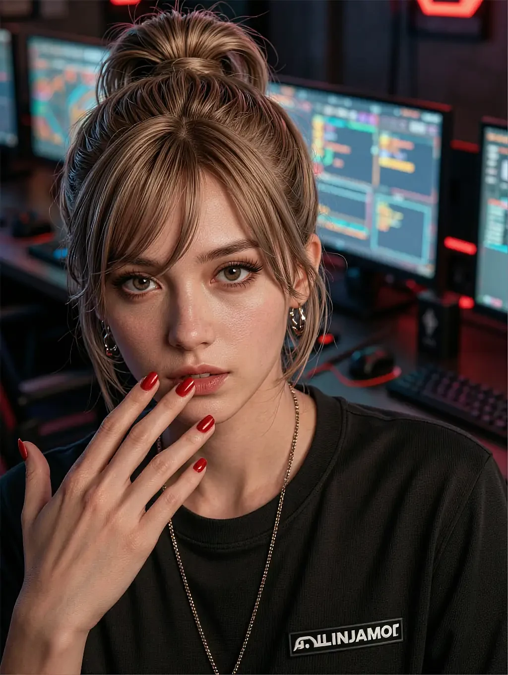 Fictional AI character in a black sweatshirt at a desk of glowing monitors, one hand raised to her mouth