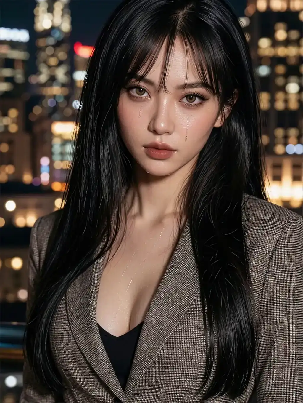 Fictional AI character with straight black hair and blunt bangs in a blazer, city skyline behind her