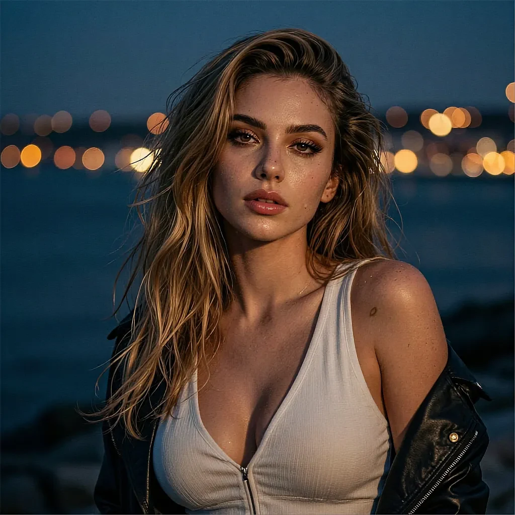 Fictional AI character in a white top and leather jacket on a waterfront at night