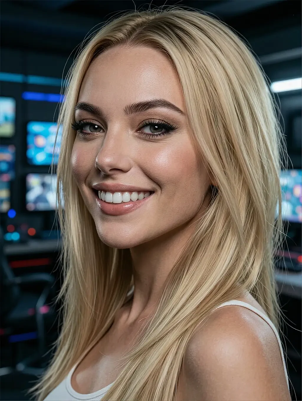 Fictional AI character in a white vest smiling in front of a wall of lit screens