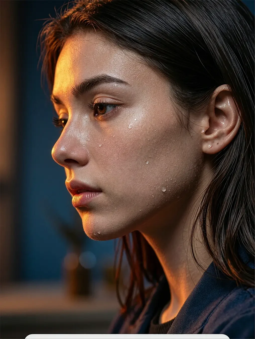 Profile of a fictional AI character with damp skin and loose dark hair in a dim room