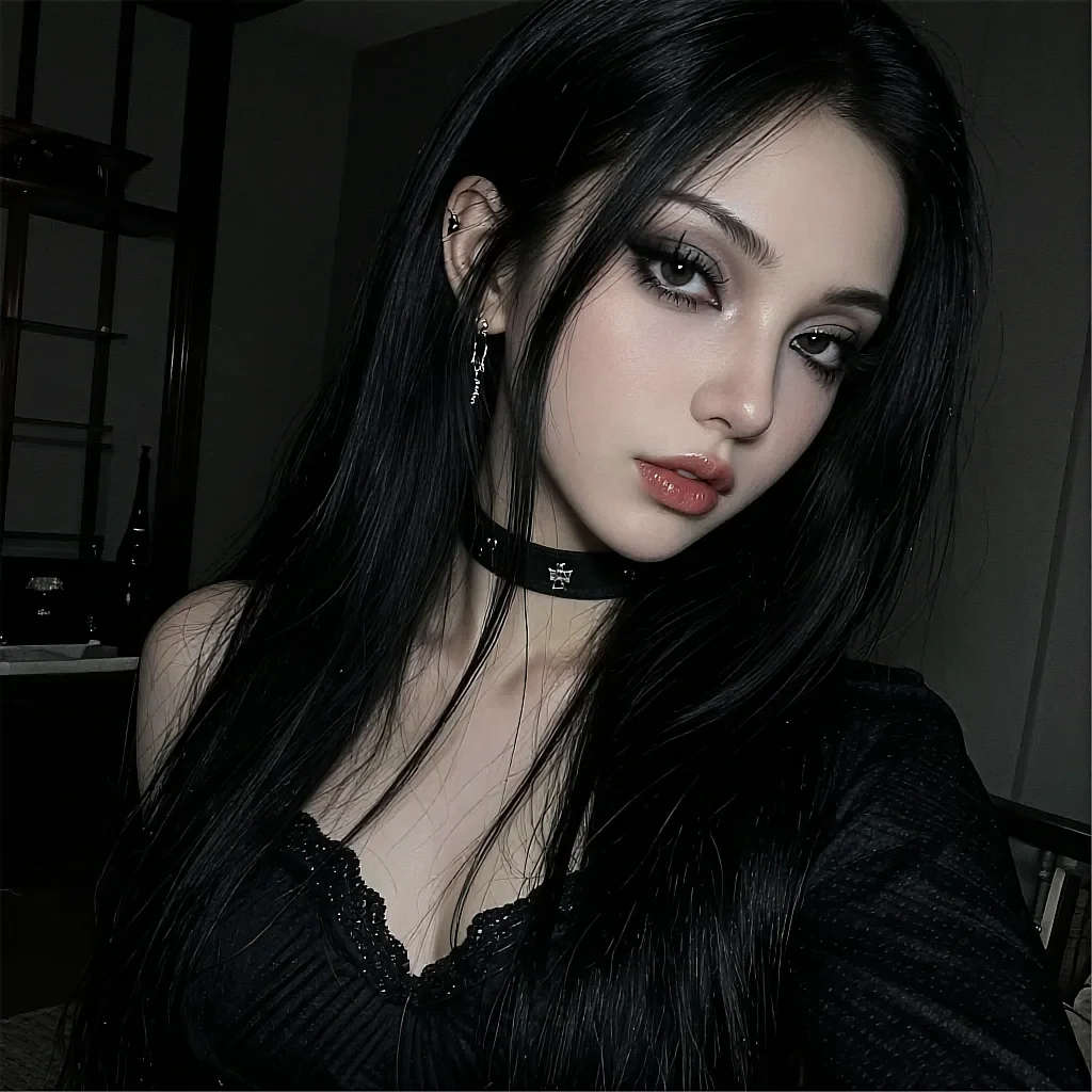 Fictional AI character in a black lace top and choker in a dark room hung with clothing rails