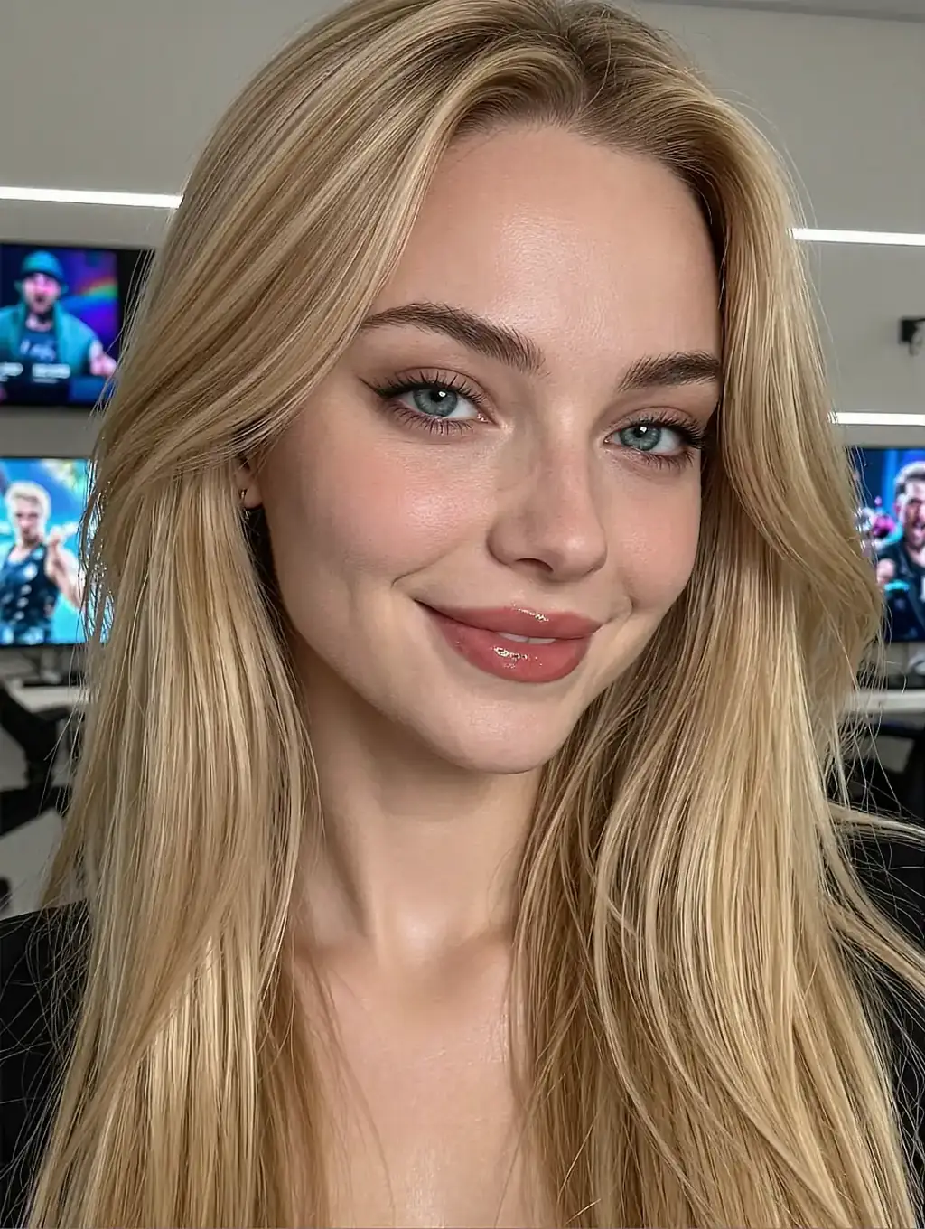 Close-up of a fictional AI character with long blonde hair smiling, lit screens out of focus behind her