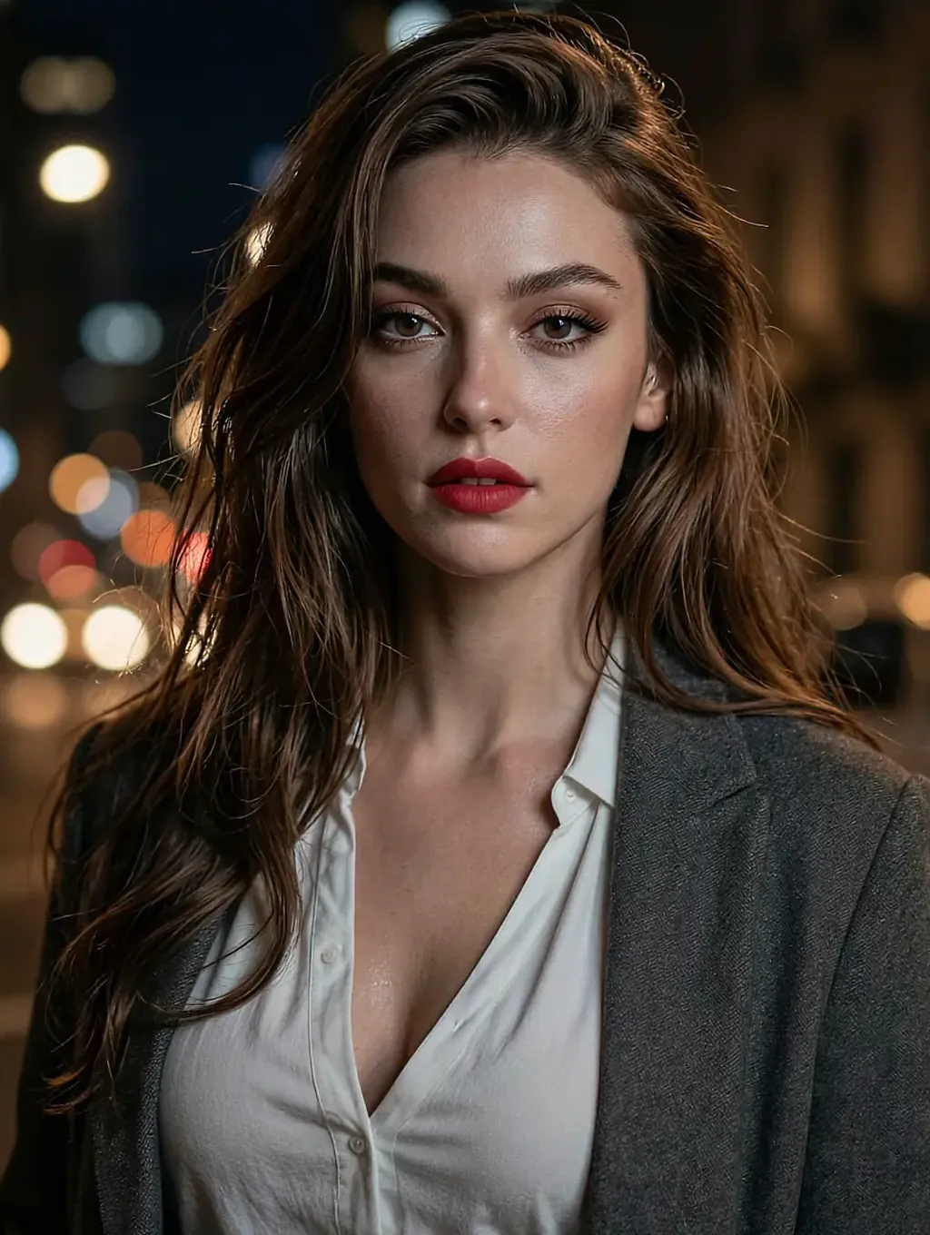 Fictional AI character in an open white shirt and grey coat on a street of blurred night lights