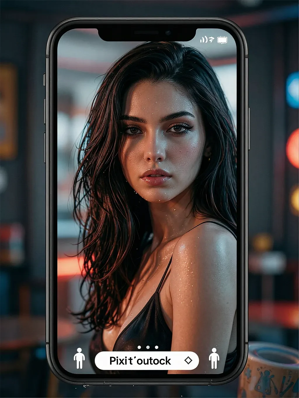 A phone held up in a dim room, a fictional AI character's profile photo filling its screen